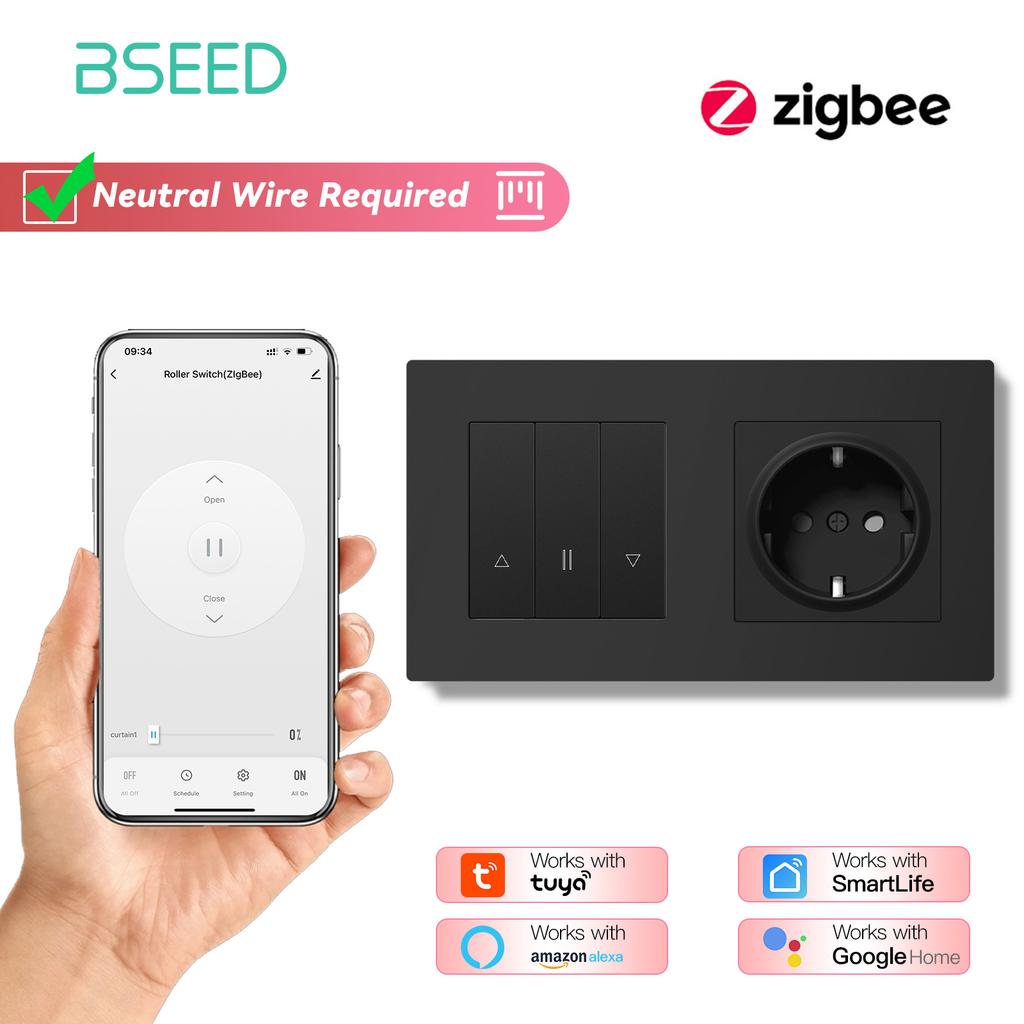 BSEED Zigbee Shutter Switch With Wall Sockets Wall Smart Click Switches Yellow Backlight Plastic Frame Tuya APP Roller Switch EU