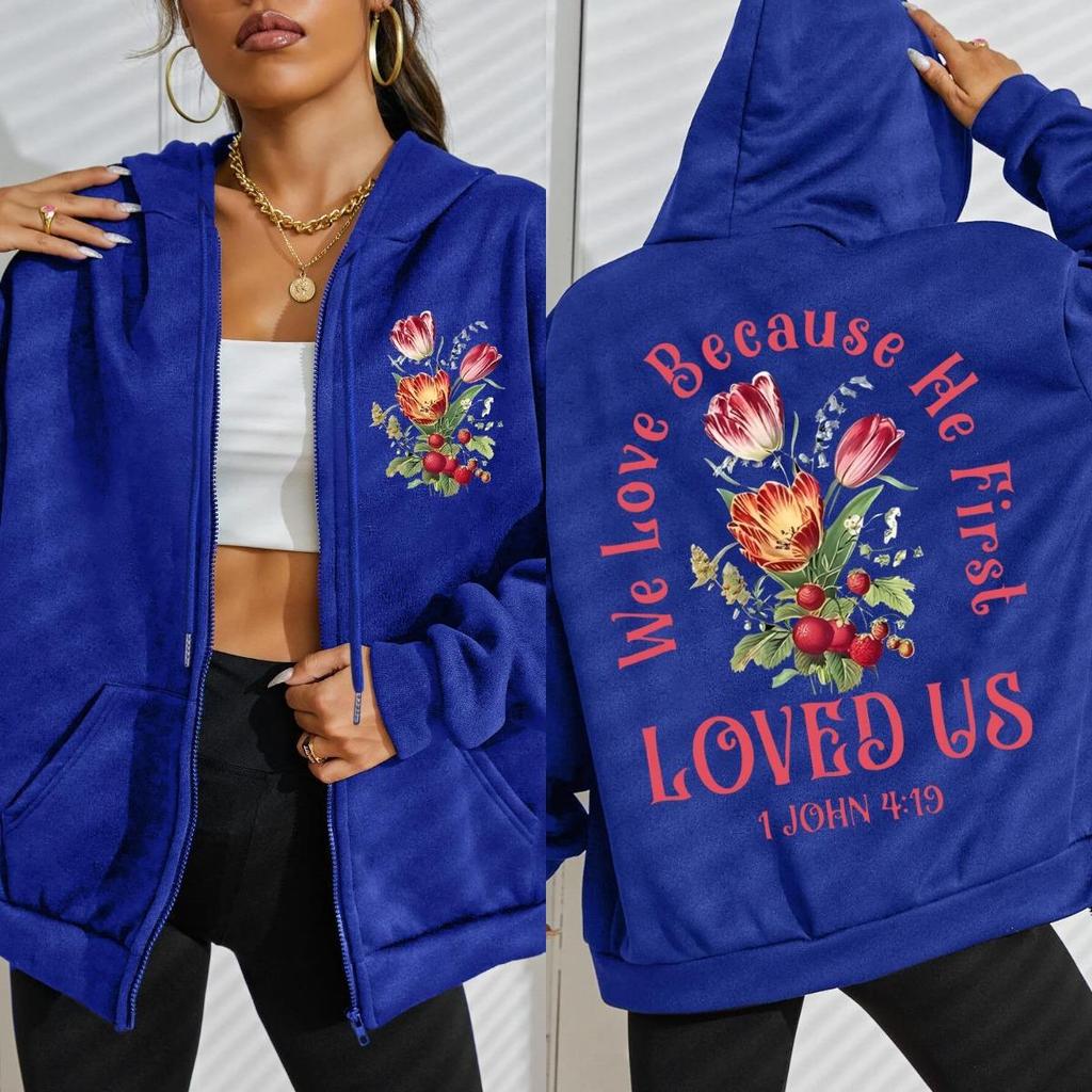 Любит нас Красивые Цветочные Принты Толстовка на Молнии Женская Свитшот Спортивная Одежда Винтажная Оверсайз Худи Флис Повседневная Мягкая Одежда