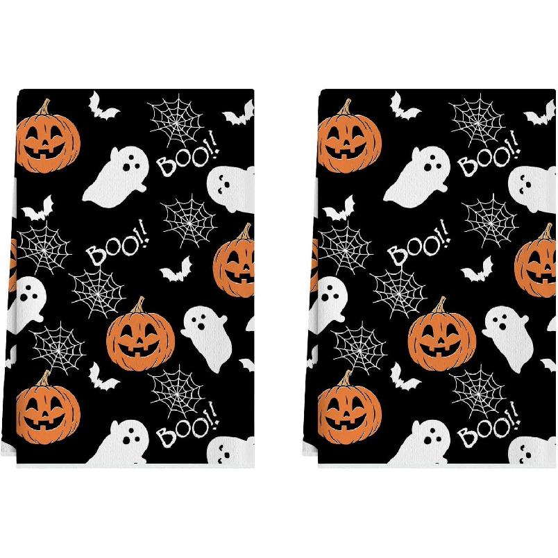 XCHI Halloween Spooky Ghost Black Kitchen Towels Dish Towels 18x26 Inch Home Kitchen Decorations Hand Towels Set of 2 Drying Dishcloth