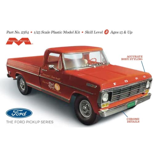 Moebius Model 1/25 Scale 1968 Ford F-250 Custom Cab Pickup Plastic Model MOE2564 (Molded Color)