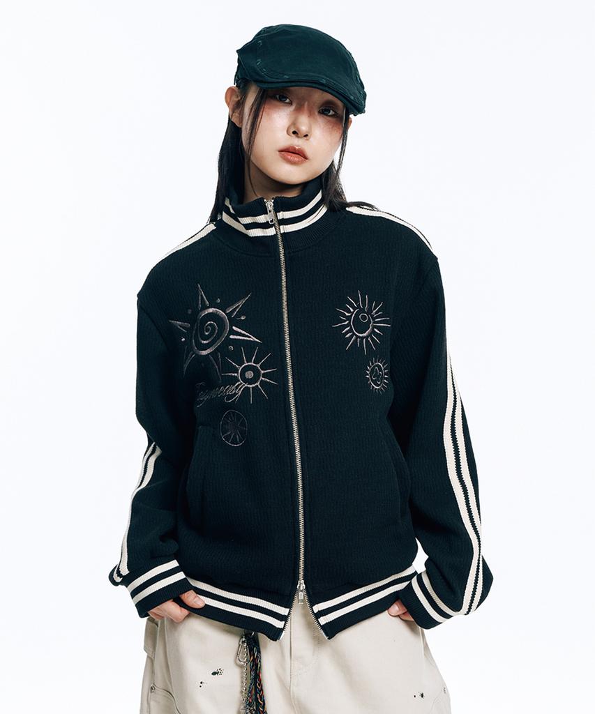 EASY NO EASY Embroidered Track Zip-Up Knit - Black