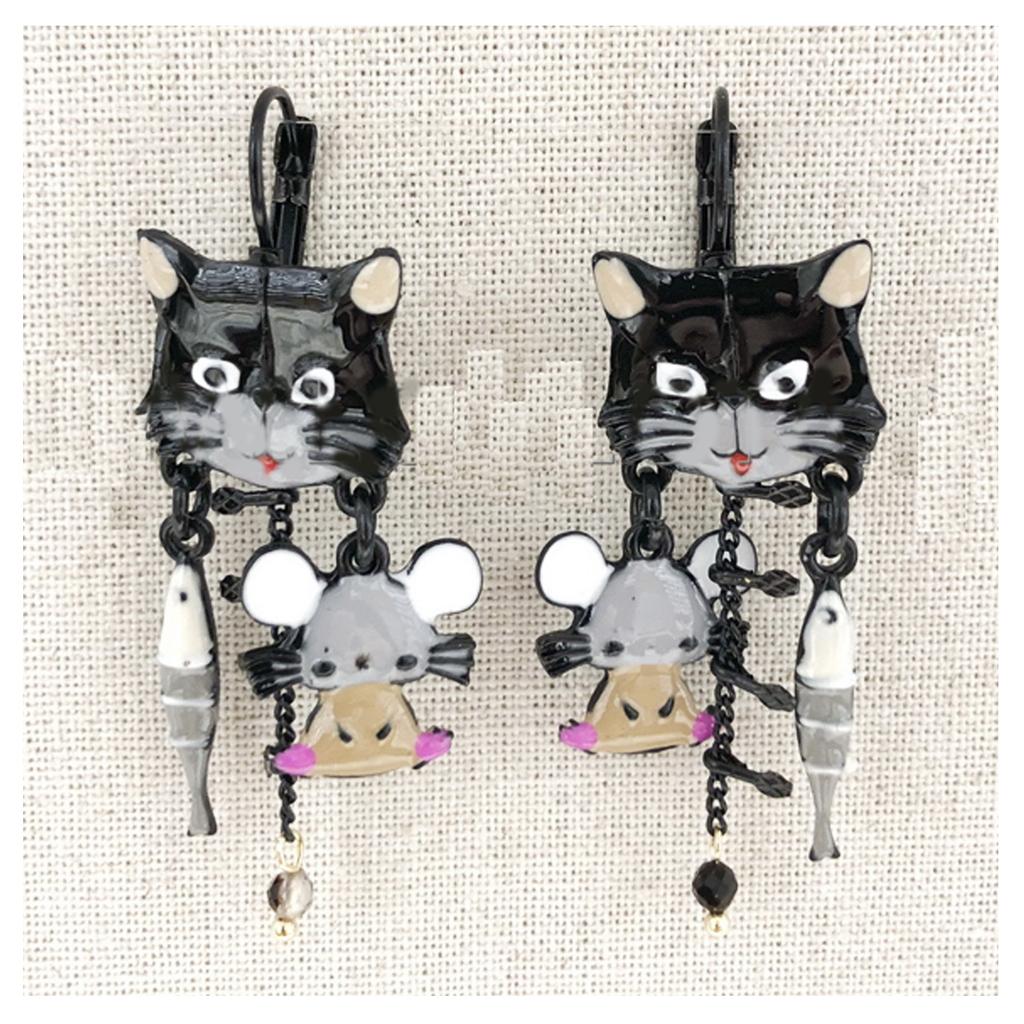 Les Trésors De Lily [R6160] - Designer Sleepers 'Lilipoupettes' (cat- Mouse- Sardine) Black Gray - 40x20 Mm