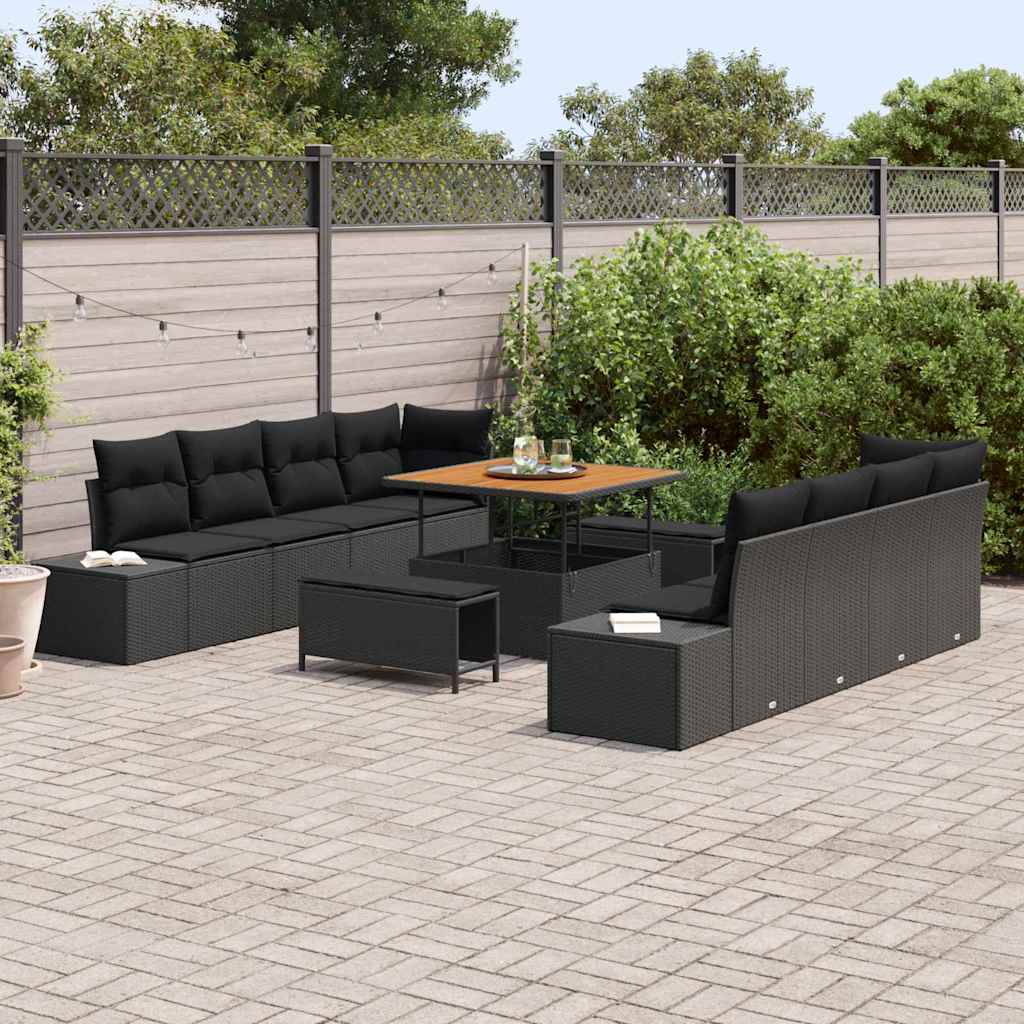 Garden Sofa Set with Cushions 11 pcs Black Poly Rattan