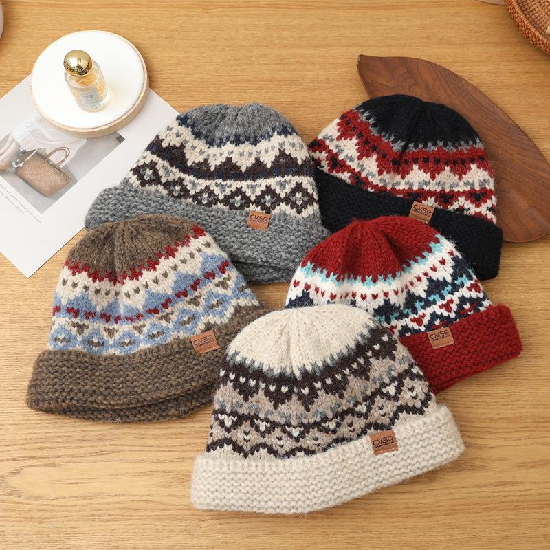 Толстая универсальная вязаная шапка в стиле Fair Isle для женщин на осень и зиму, ветрозащитная шапка с защитой ушей для улицы, повседневная теплая шерстяная шапка