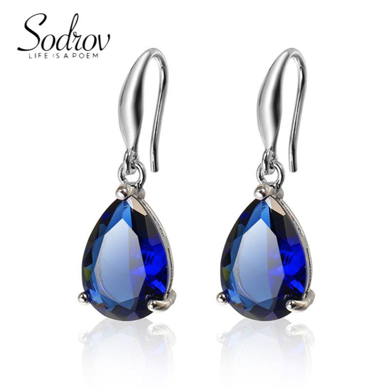 Женские серьги SODROV с синим сапфиром и цирконом