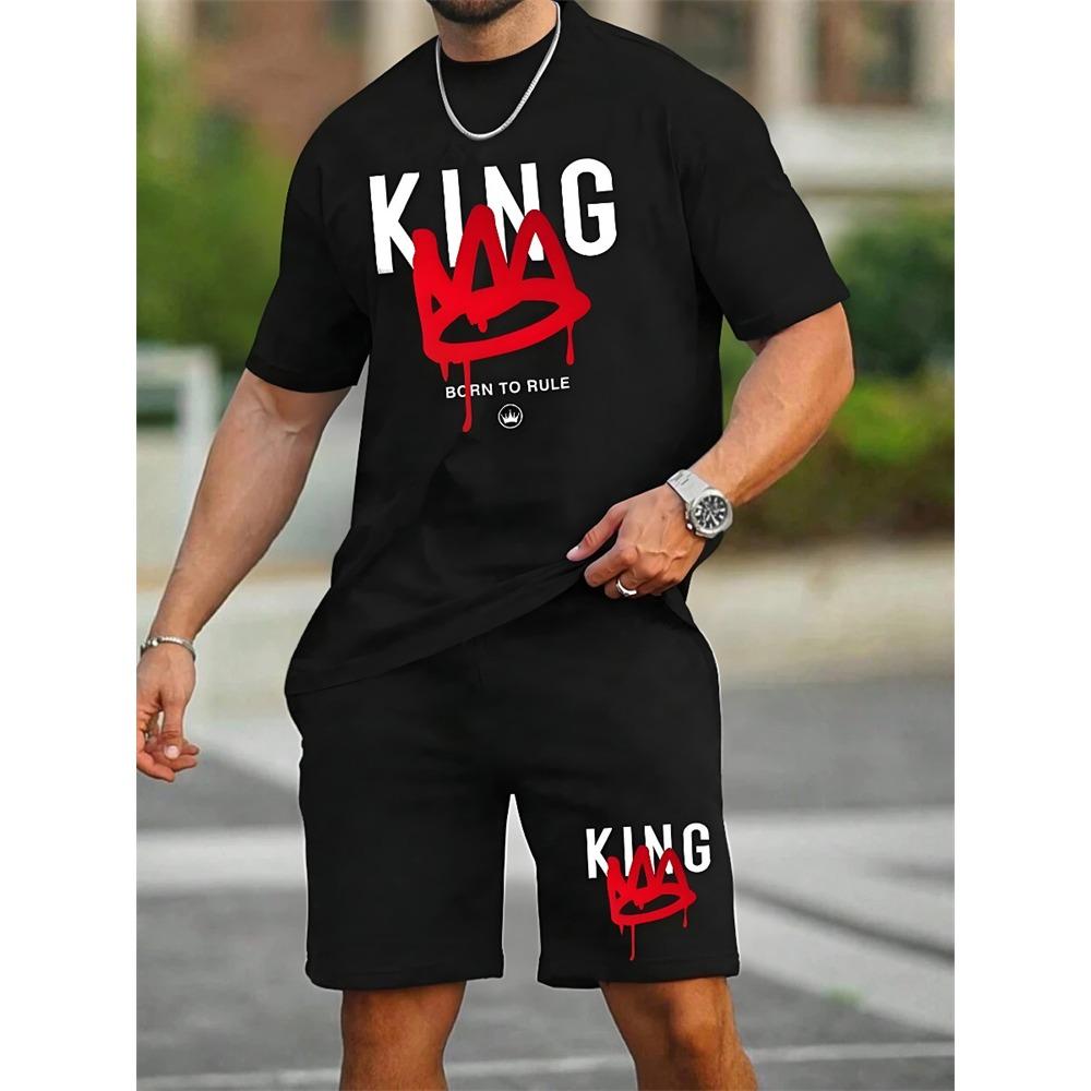 Summer Everyday Casual Men's Short Sleeve Shorts Set Colorful Bear Print Men's T-shirt And Colorful Graffiti Print Shorts Set