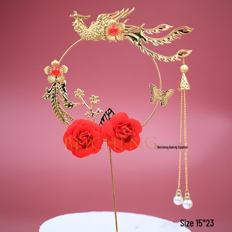 Топпер для торта на День Рождения Бога Долголетия Бабушки с веером из цветов сливы