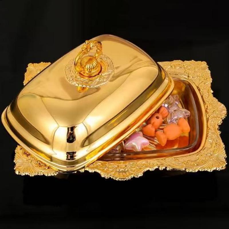 Европейский поднос для фруктового масла и сыра, С крышкой, Металл, Форма с текстурой коры, Изысканная золотая тарелка для торта, Тарелка для закусок, Свадебное украшение