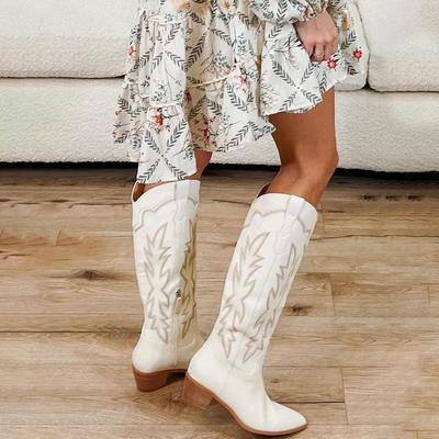 GIGIFOX Сексуальные модные женские сапоги до середины голени с острым носком и толстым каблуком, новые лаконичные однотонные женские сапоги в стиле вестерн с вышивкой
