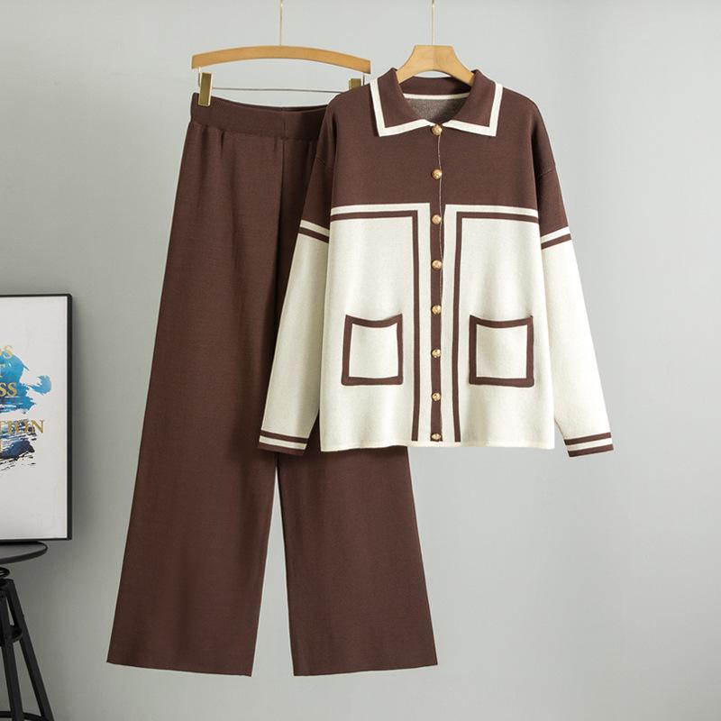 Плюс размер женский весенний новый лацкан цветной контрастный модный повседневный свободный вязаный кардиган из двух частей комплект