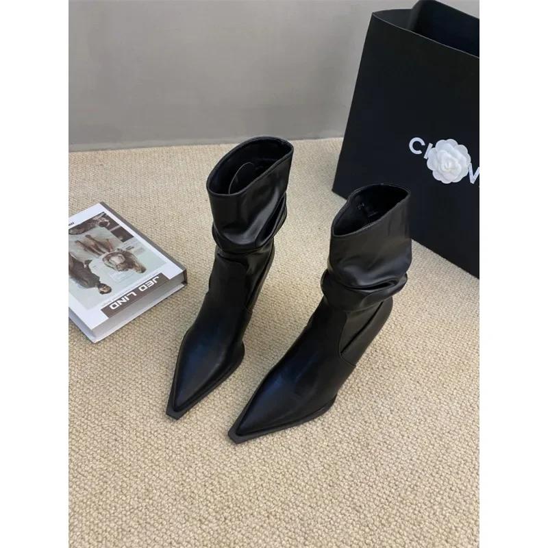 Остроносые плиссированные ботфорты для женщин на осень 2024 года, короткие ботинки на тонком каблуке, короткие ботинки на высоком каблуке