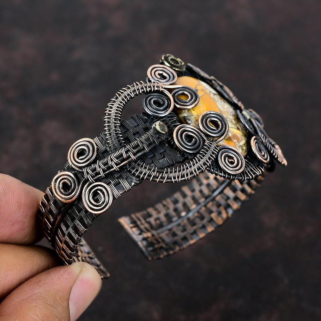 Браслет из меди с брекчиевым мукаитом, обмотанный медной проволокой, регулируемый браслет-манжета, ювелирные изделия ручной работы, браслет с драгоценными камнями, обмотанный проволокой