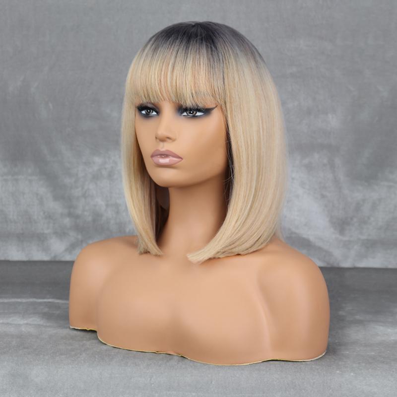 MISS WIG Женский короткий прямой парик Боб с челкой Синтетическое волокно Серый Косплей Повседневная одежда Парик Боб длиной до плеч