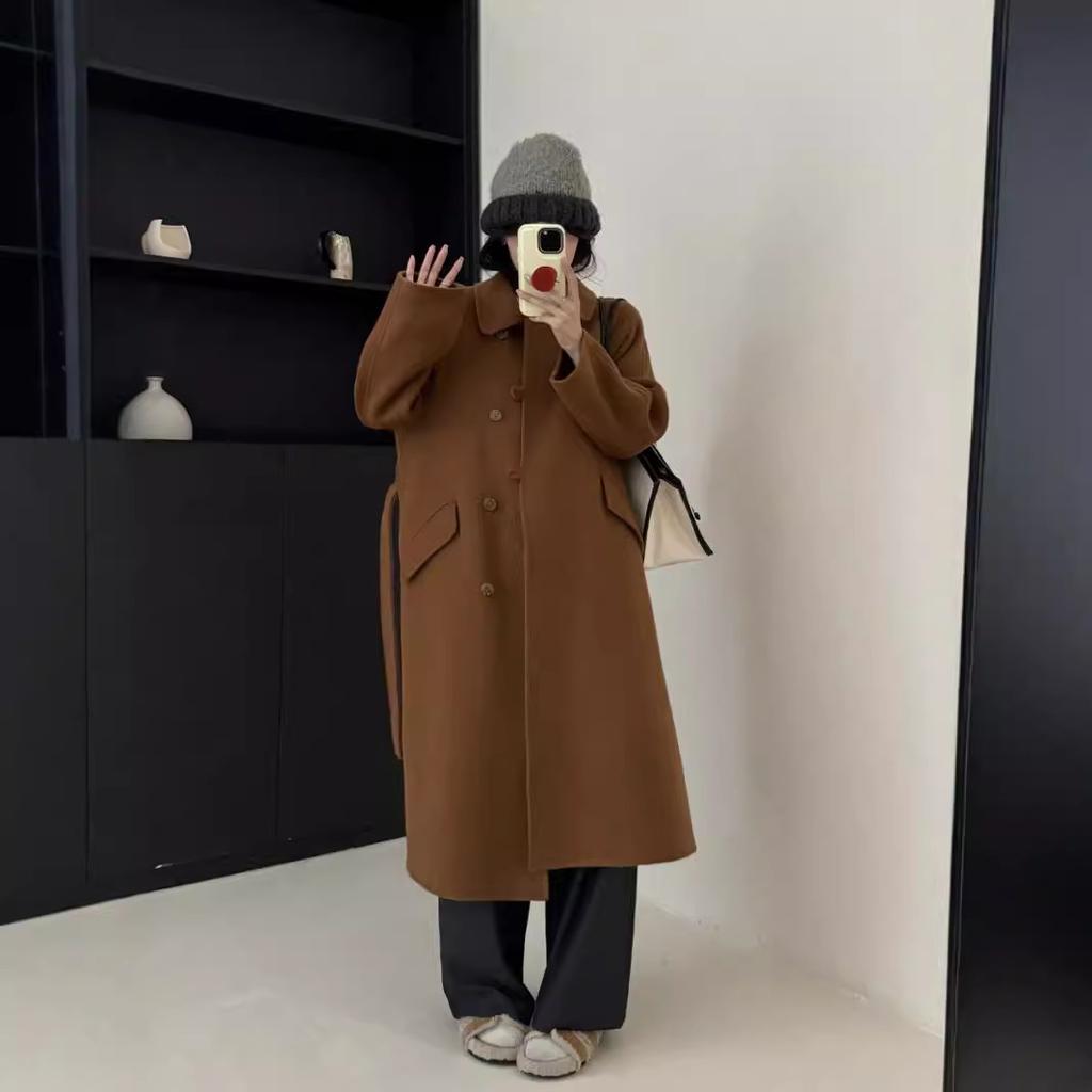 Baby Doll Collar Single-breasted Double-sided Wool Coat for Women Long Plate Buttoned Off Shoulder Sleeves Double-sided Cashmere Plus