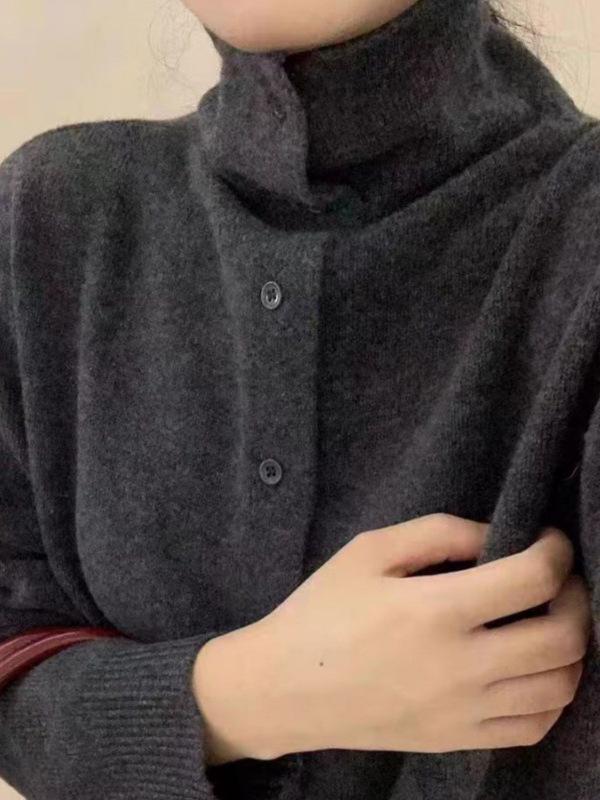 Korean Style High Neck Cashmere Cardigan - Women's Warm, Stylish Solid Color Wool Sweater for Autumn/Winter.