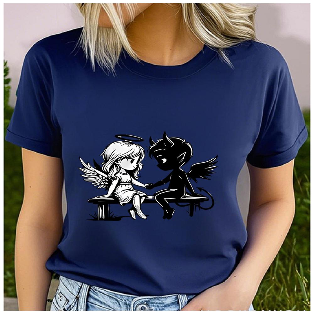 Unisex 100% Polyester Summer Top The angel and the devil hold hands. Print Loose round Neck Short Sleeve Fashion for Lovers