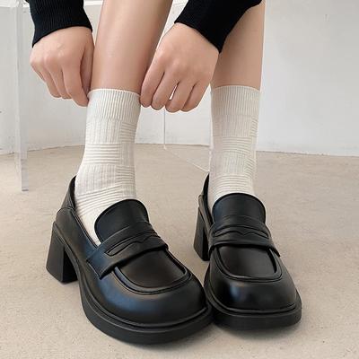 Туфли женские кожаные на толстом высоком каблуке в ретро-британском стиле 2025 года, универсальные черные мокасины на платформе с круглым носком