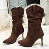 Women's Fashion Thin Heel Single Boots Autumn New Pointed Suede Cover Foot Fold Anti-slip Wear-resistant Mid-calf Boots