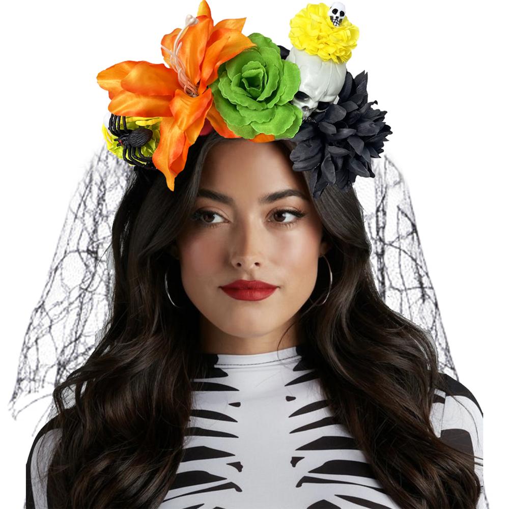 Повязка на голову в виде венка из цветов на День мертвых с черной вуалью, аксессуары для вечеринки для женщин