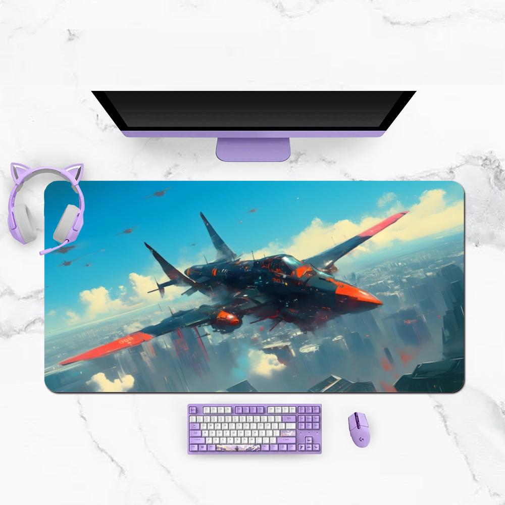 Futuristic Sci Fi Fighter Jet Flying Over Cloudscape Mousepad Fit Large Size Laptop Office Desktop Mat
