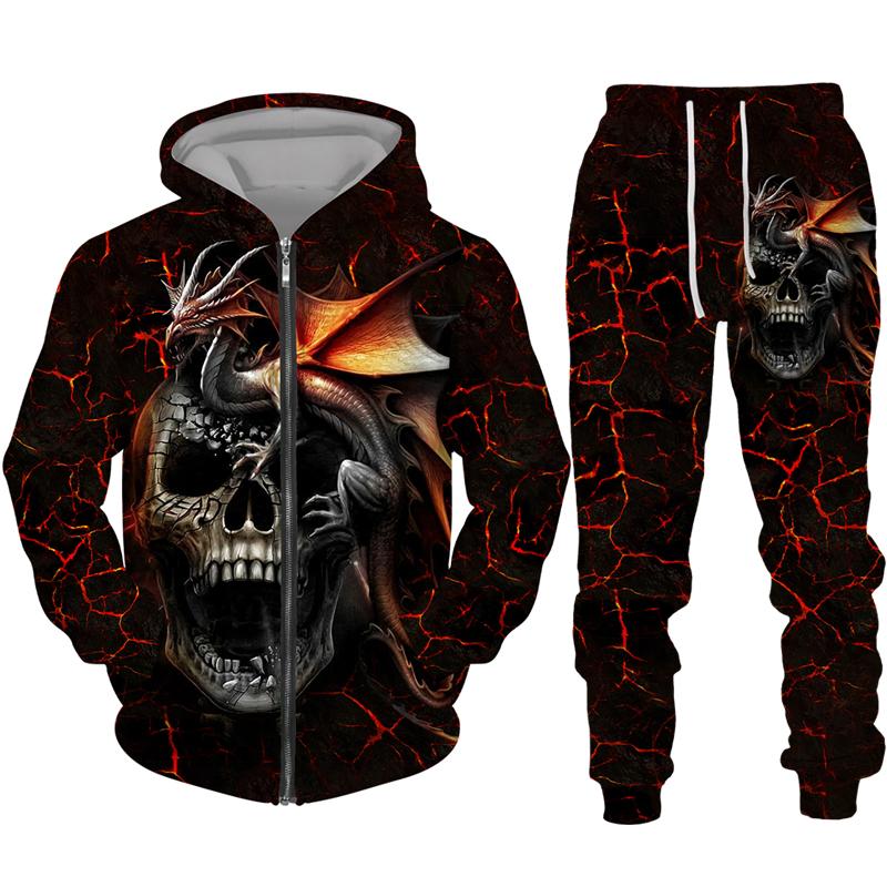 Cool Skull 3D Printed Black Zipper Hoodie Pants Suit Gothic Punk Style Men Women Tracksuit Set 2023 Halloween Streetwear Costume