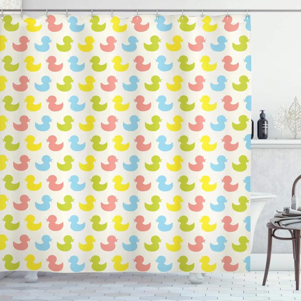 Duck Shower Curtain Cartoon Character Taking A Bath Colorful Drops Backdrop Dots,Cloth Fabric Bathroom Curtains with Hooks