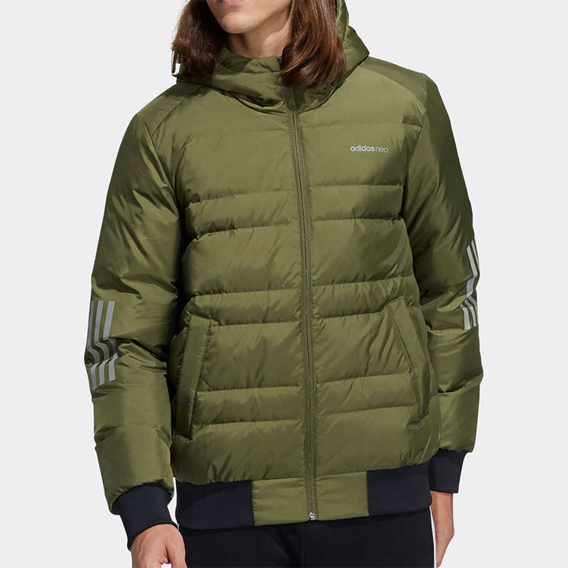 Adidas Neo Metallic 3-Stripes Sports Hooded Down Jacket Men Outerwear Olive H45270