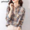 Весна Осень Поло с воротником-стойкой Винтажная клетчатая рубашка из хлопка Женская повседневная модная блузка с длинным рукавом Женский универсальный кардиган