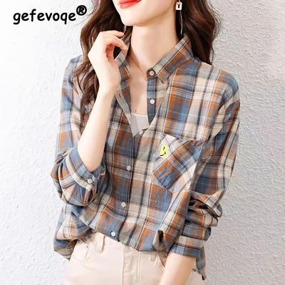 Весна Осень Поло с воротником-стойкой Винтажная клетчатая рубашка из хлопка Женская повседневная модная блузка с длинным рукавом Женский универсальный кардиган