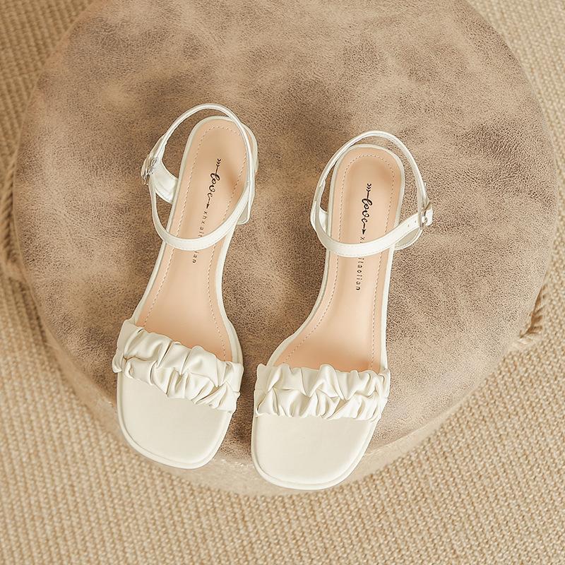 Кожаные балетки для женской обуви Хуэйчжоу, каблуки, французские сандалии на толстом каблуке, летние новые сандалии с открытым носком