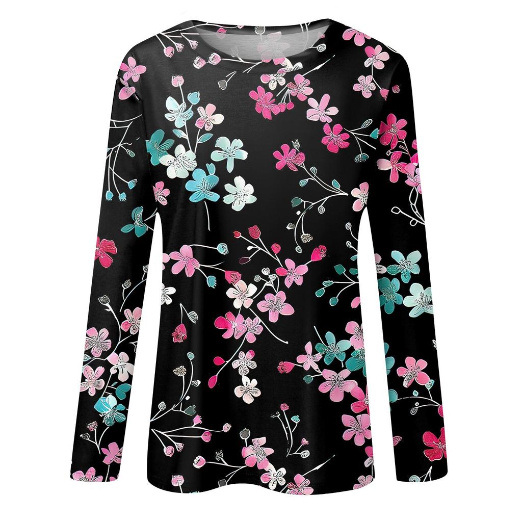 Женский модный повседневный пуловер с круглым вырезом и длинным рукавом с цветочным принтом
