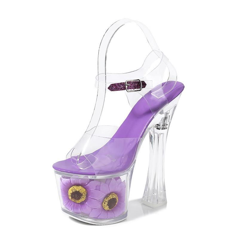 Подиумный стиль 17см Ультравысокие каблуки Прозрачный ПВХ Цветы Женские сандалии Кристально чистая Платформа на каблуке Летняя обувь для вечеринок