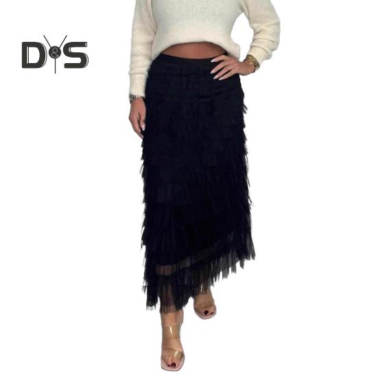 Women Midi Skirt Elastic High Waist Multi Layer Mesh Yarn Long Skirt Solid Color Slimming Style Versatile Skirt