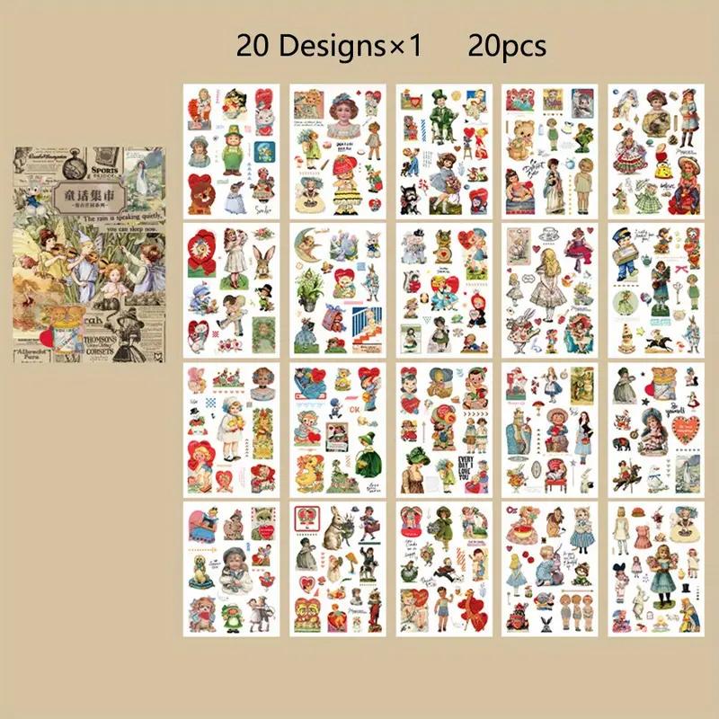 20 Sheets Sticker Book, Retro Diary Material DIY Decoration Sticker For Junk Journal Decorative Background Supplies Art Album