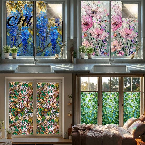 Static Glass Sticker Sticker, Colored Flower Texture Window Film, UV Privacy Film Light Blocking Waterproof Dustproof Decal for Home Decor Decoration