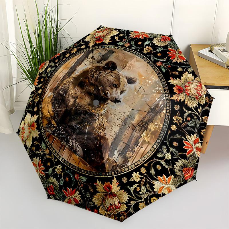 Bear, FloralThemed Automatic Opening and Closing Umbrella - 8 Ribs, Suitable for Leisure and Going Out, Outdoor Accessory, Gothic Style, Fas