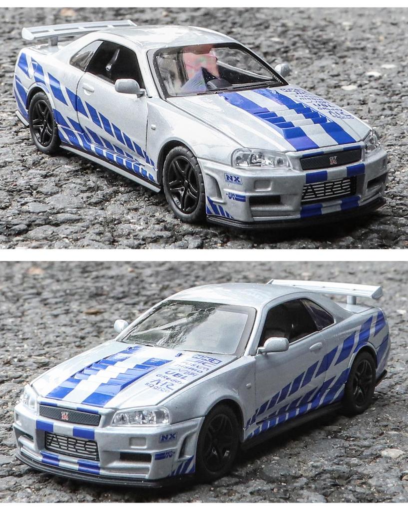 1:32 GTR R34 Low-Rider Sports Car Model with Opening Doors, Four-Wheel Suspension, Alloy Build, Sound and Light, Pull-Back Simulation