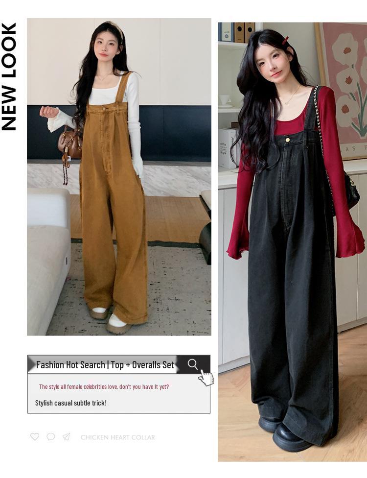 2026 Spring Maternity Set: Washed Denim Overalls & Bell Sleeve Layered Top