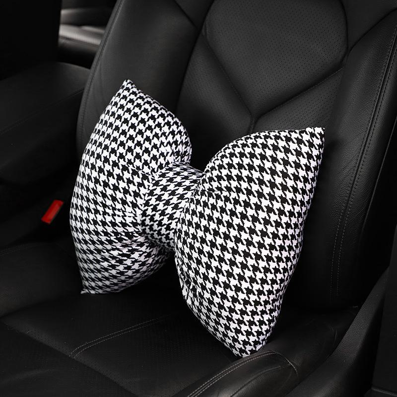 Houndstooth Bow Car Headrest Neck Pillow & Waist Pillow Set - Cute Car Interior Accessories for Women