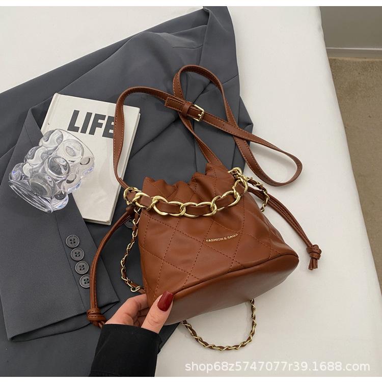 Rhombus Bucket Bag Drawstring Closing Chain Pu Shoulder Messenger Bag Ins French Light Luxury Women's Bag
