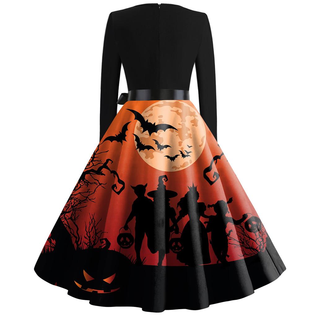 Women's Fashion Round Neck Casual Slim Fit Halloween Printed Long Sleeve Dress