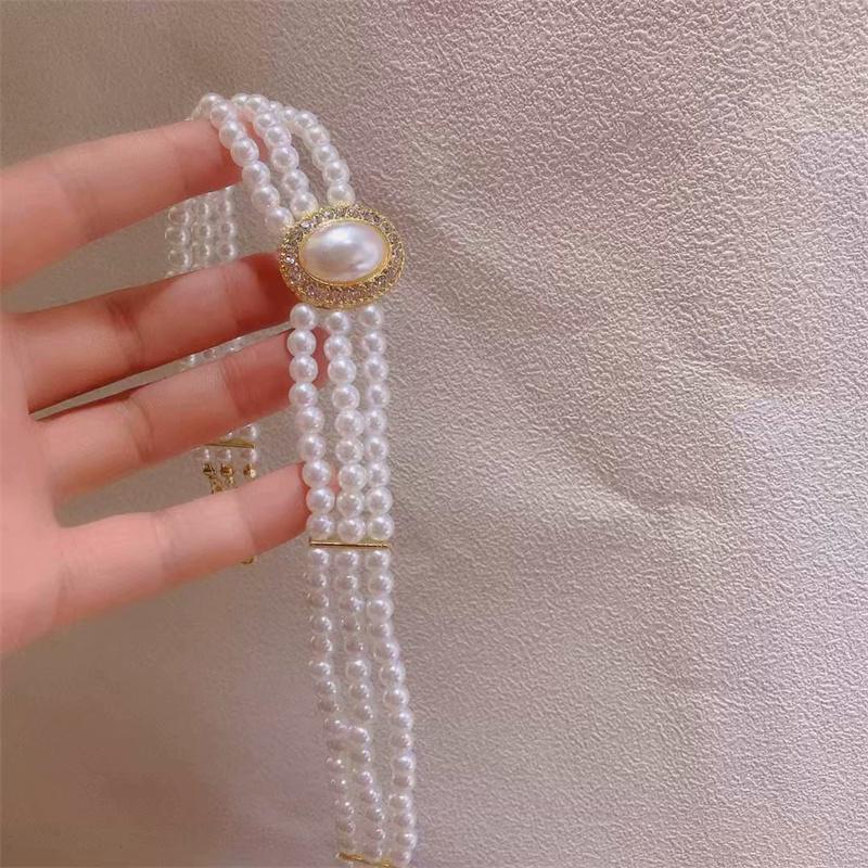 French Retro Small Fragrance Three-Layer Pearl Necklace Flash Diamond Pearl Wedding Dress Clavicle Chain For Women Neck