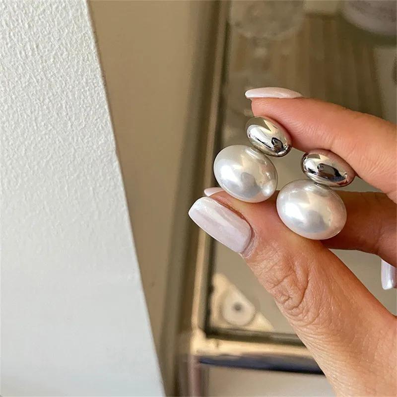 LATS New French Elegant Gold Color Bean Spliced Flat Pearl Earrings for Korean Fashion Zircon Party Women's Sweet Accessories