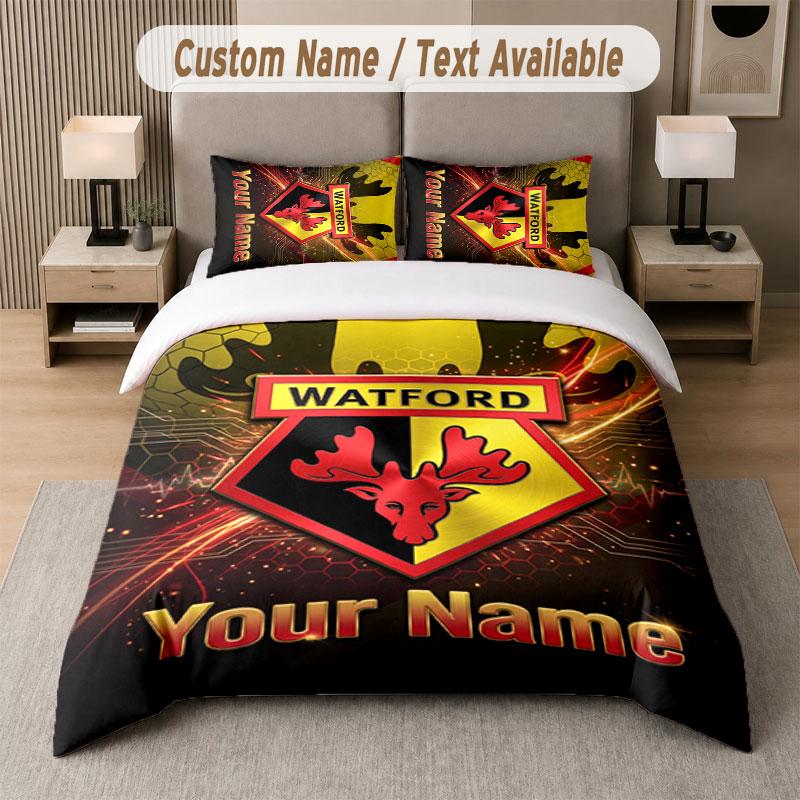 Custom Bedding Set Watford FC Pattern, Print Name Text 1 Duvet Cover plus 2 Pillowcases Home Textile