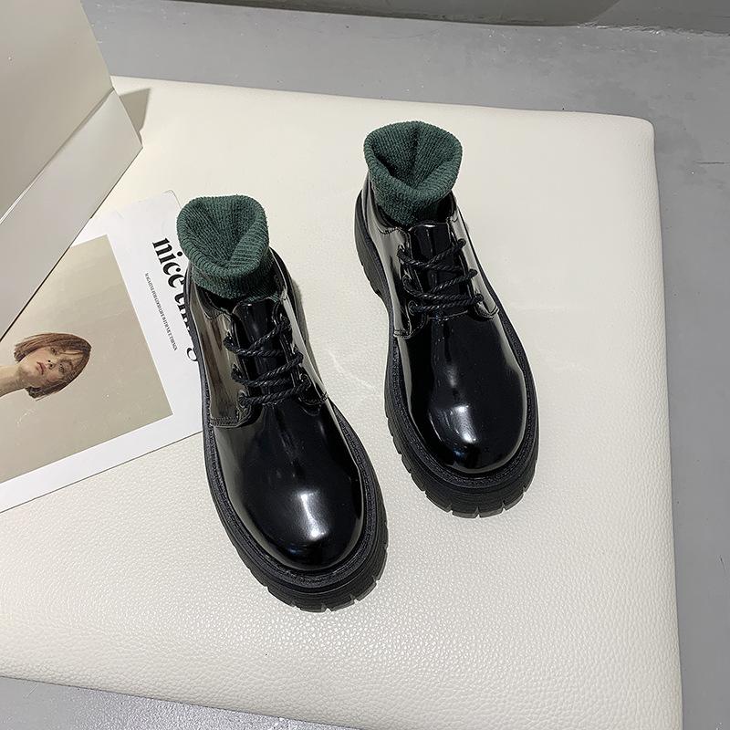 Fashion Leather Boots Women Low-top Ankle Boots Thick Sole British Style Round Toe Casual Student Platform Short Boots Daisy Women Shoes