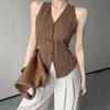 Women's Halter V-Neck Vest Backless Single Breasted Sleeveless Vest Asymmetrical Hem Vest