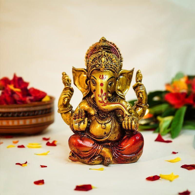 Antique Gold Painted Ganesha Idol (5 inch) | Marble Dust Ganesh Murti