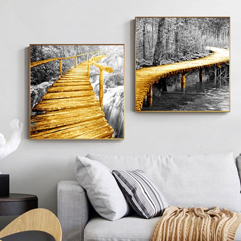 Абстрактная золотисто-желтая картина на холсте с мостом, промышленные постеры для декора гостиной, серая настенная живопись, украшение, фреска