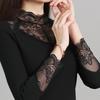 Женская кружевная рубашка с высоким воротом и новой черной футболкой, а также утолщенный сетчатый топ из бархата с длинными рукавами