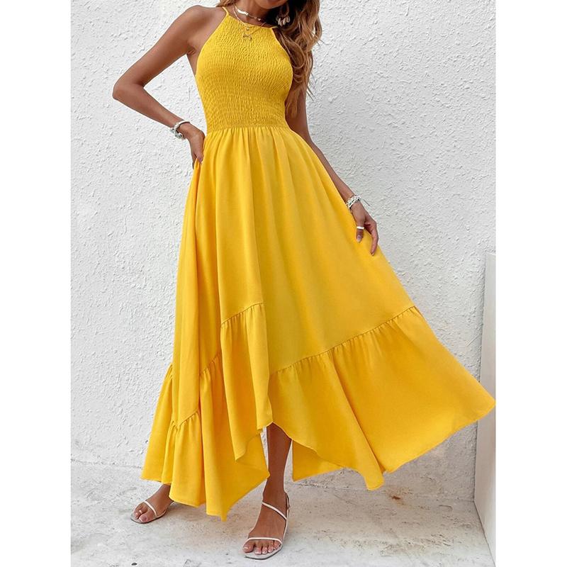 Модное сексуальное вечернее платье без рукавов для женщин, летнее отпускное платье А-силуэта с открытой спиной, повседневные длинные платья для женщин, винтажное нестандартное желтое платье с высокой талией 26205